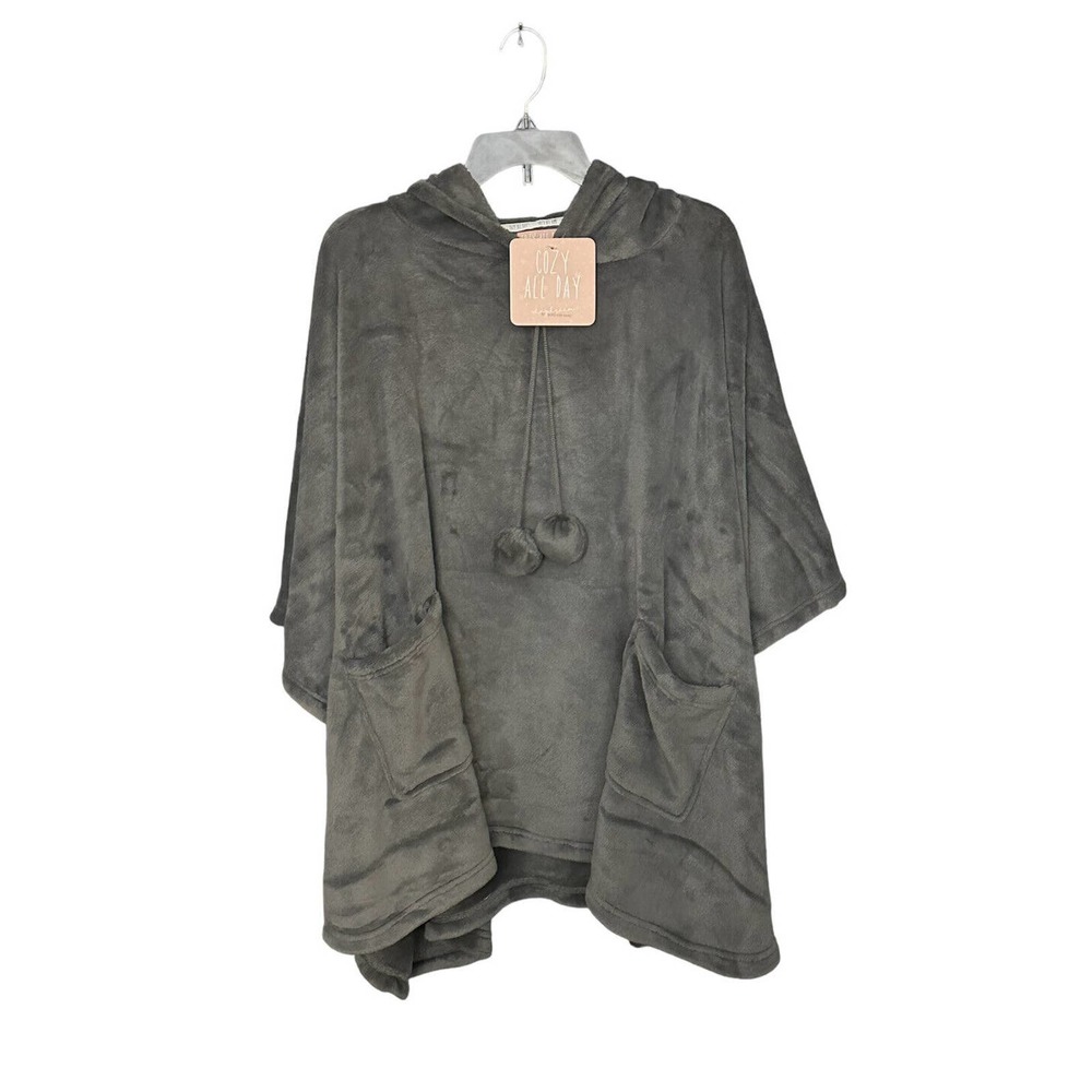Berkshire Wearable Hooded Blanket/Wrap. Gray w/Poms. New With Tags.